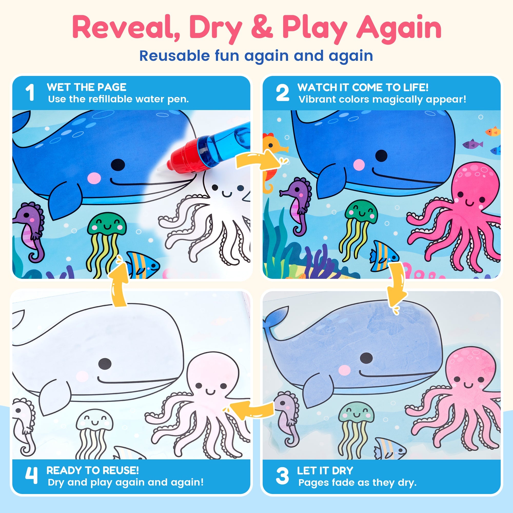 Reusable Water Coloring Books 3 Pack – Fairy, Dinosaur & Ocean