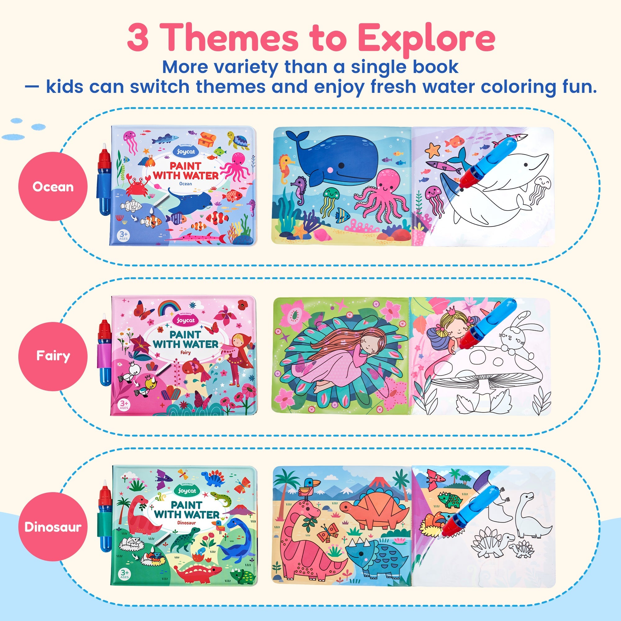 Reusable Water Coloring Books 3 Pack – Fairy, Dinosaur & Ocean