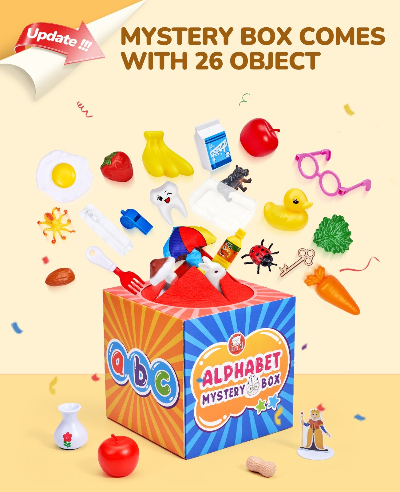 Alphabet Mystery Box for Kids – 26 Miniature Object Learning Toys with Double-Sided Letter Board