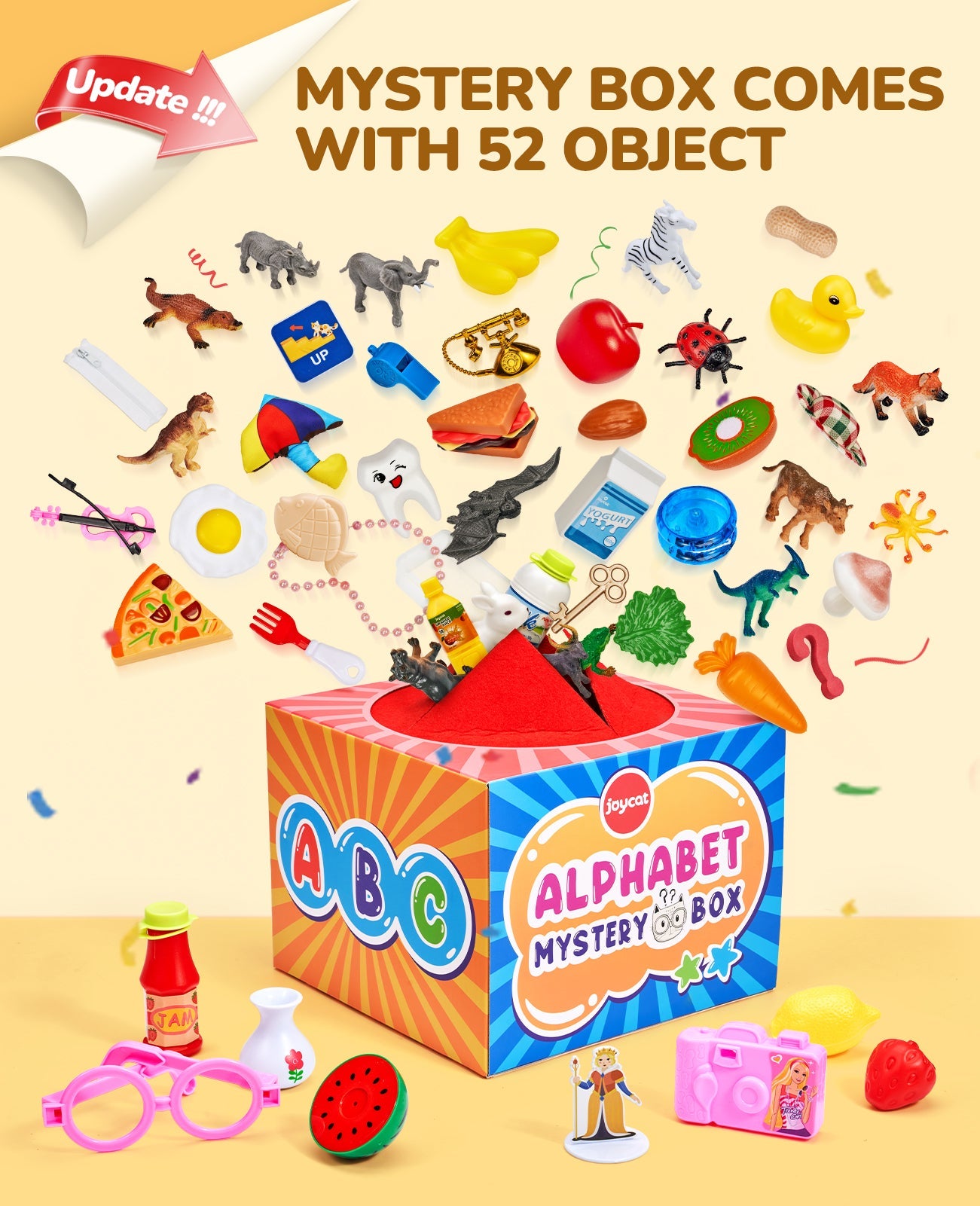 Alphabet Mystery Box for Kids – 26 Miniature Object Learning Toys with Double-Sided Letter Board