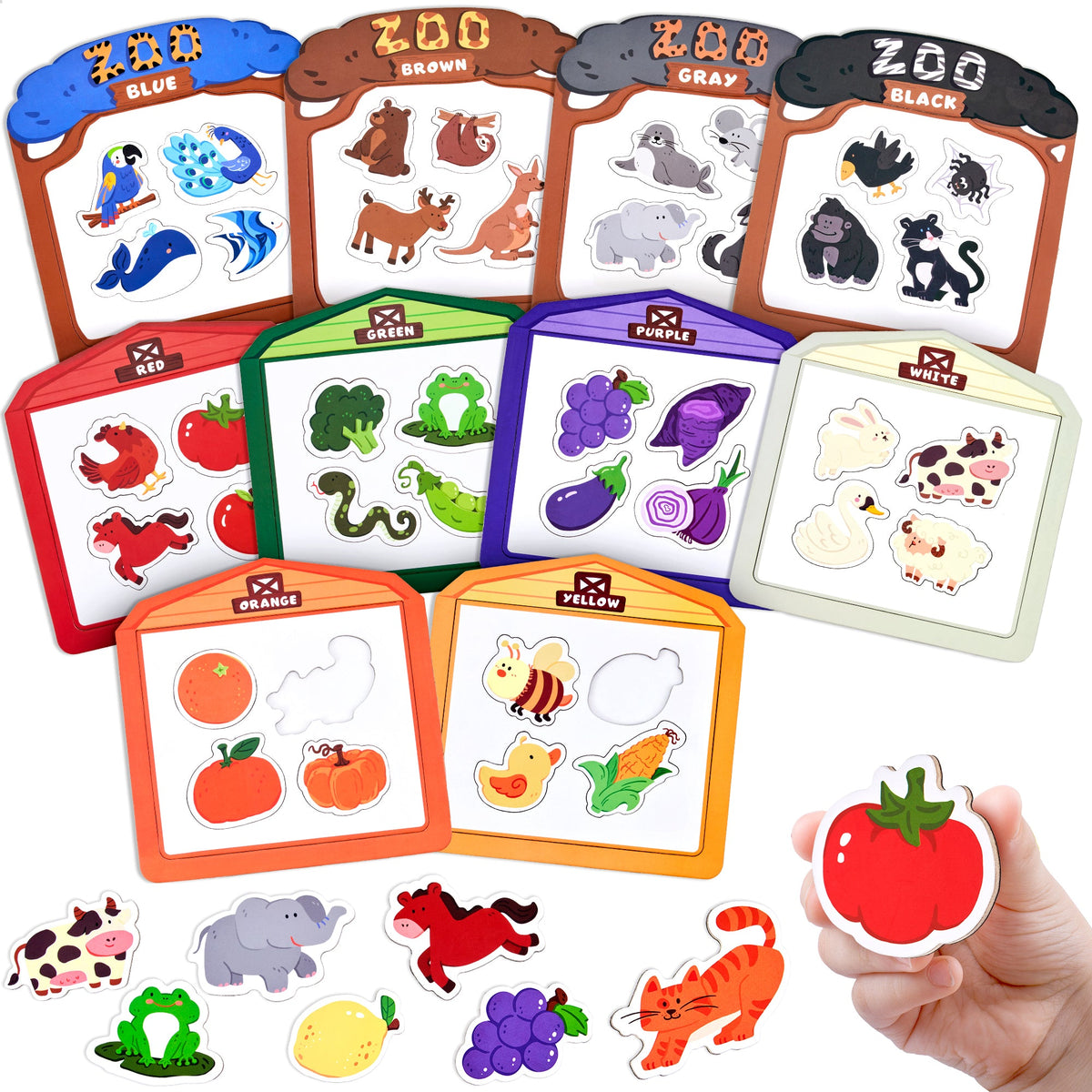 JoyCat Wooden Fridge Magnets for Toddlers, Animal Color Sorting Set, 50 PCS