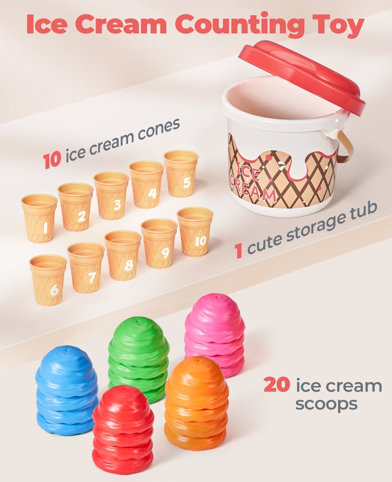 JoyCat Ice Cream Preschool Learning Activities Counting and Color Sorting Set Stacking Toys