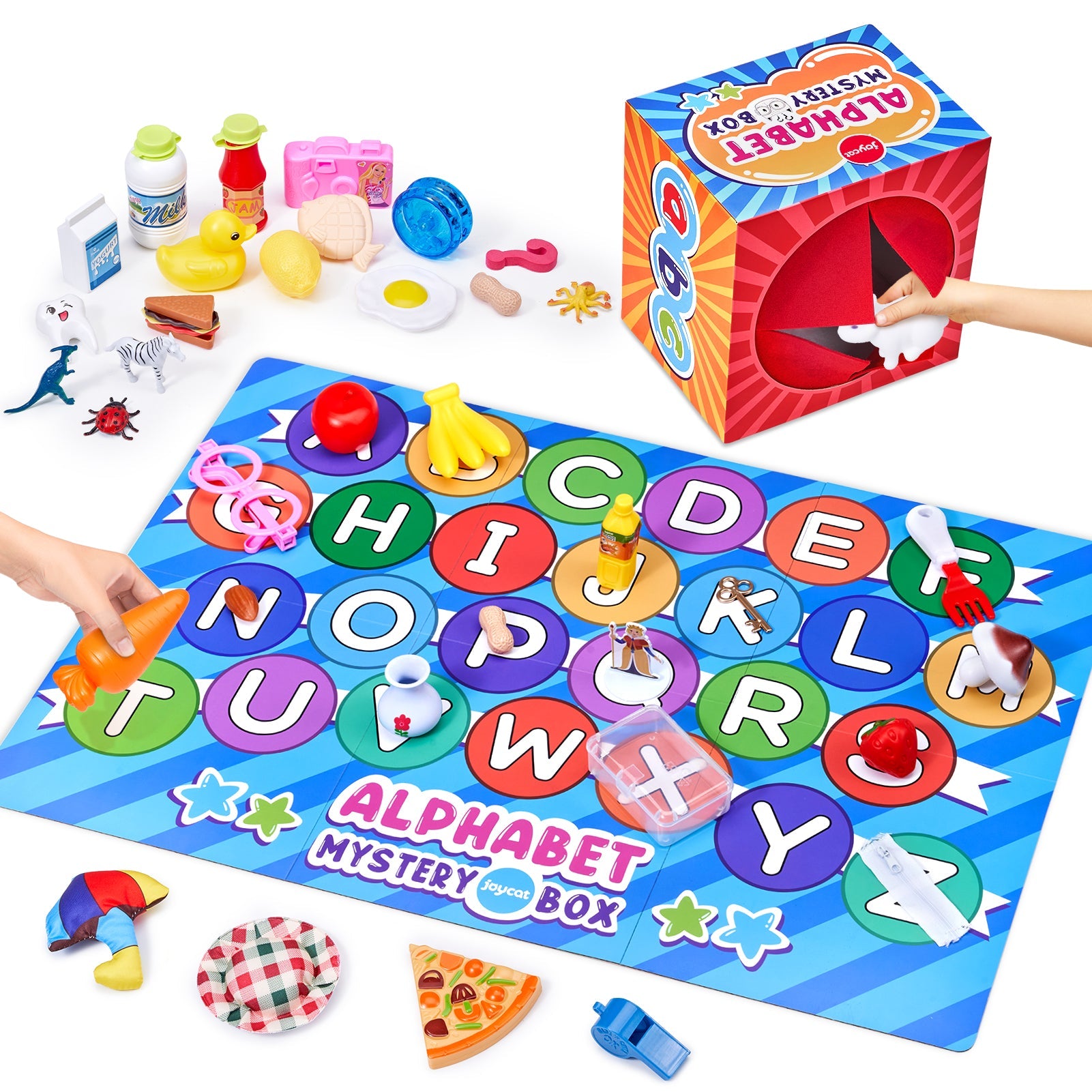 Alphabet Mystery Box for Kids – 26 Miniature Object Learning Toys with Double-Sided Letter Board