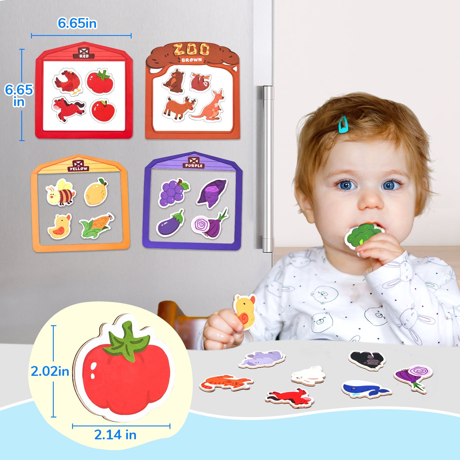 JoyCat Wooden Fridge Magnets for Toddlers, Animal Color Sorting Set, 50 PCS
