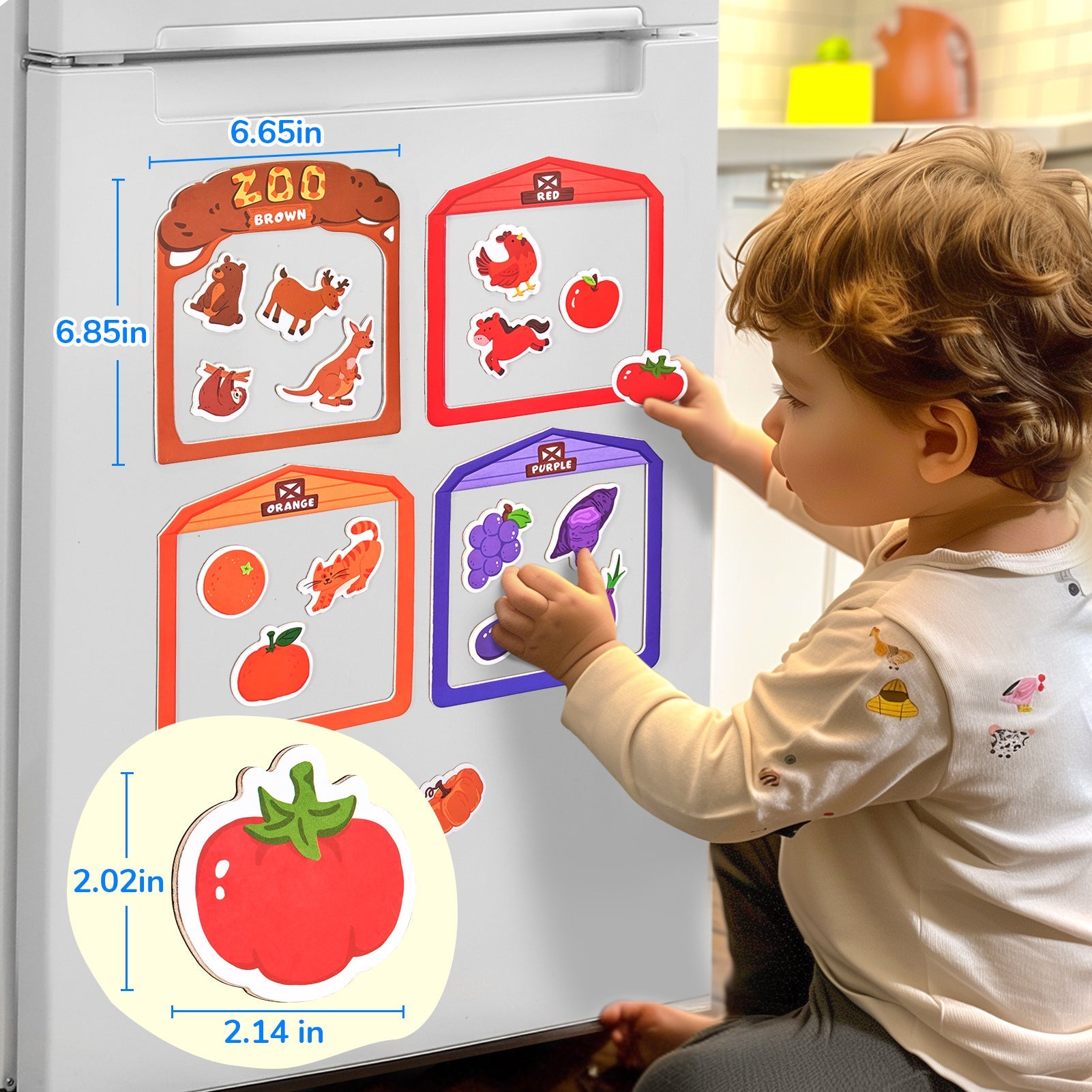 JoyCat Wooden Fridge Magnets for Toddlers, Animal Color Sorting Set, 50 PCS