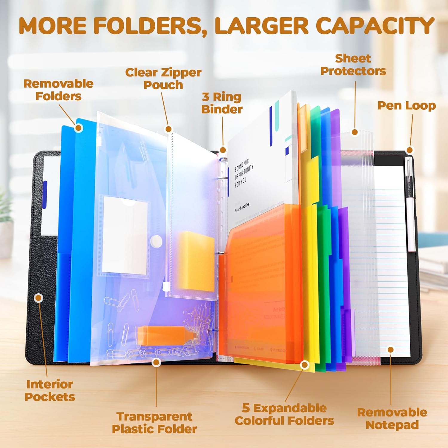 3 Ring Binder Portfolio Clipboard with Storage – PU Leather Organizer with Magnetic Board & 5 Dividers