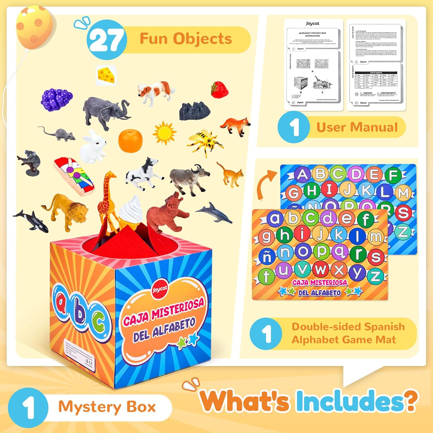 Alphabet Mystery Box for Kids – 26 Miniature Object Learning Toys with Double-Sided Letter Board