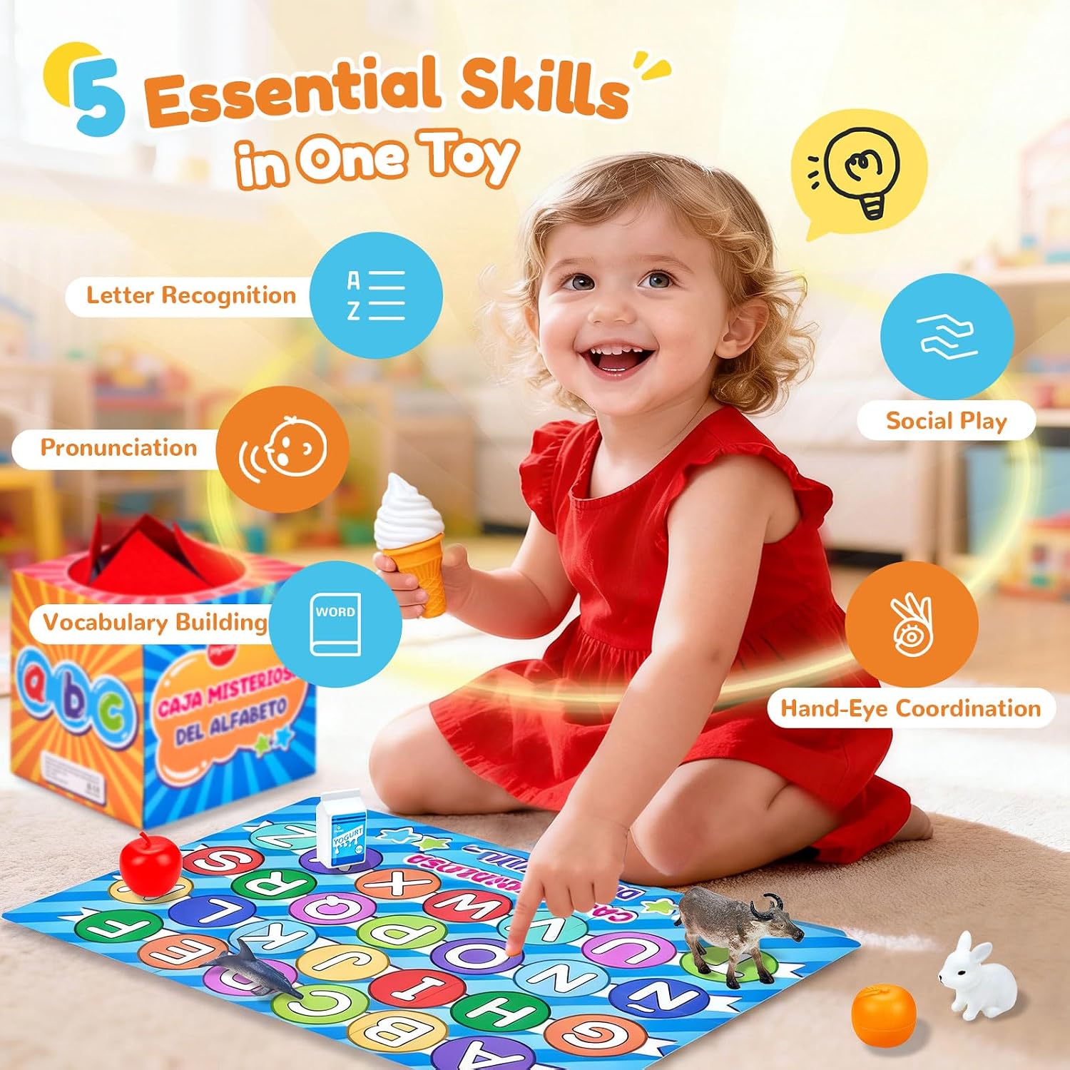 Alphabet Mystery Box for Kids – 26 Miniature Object Learning Toys with Double-Sided Letter Board
