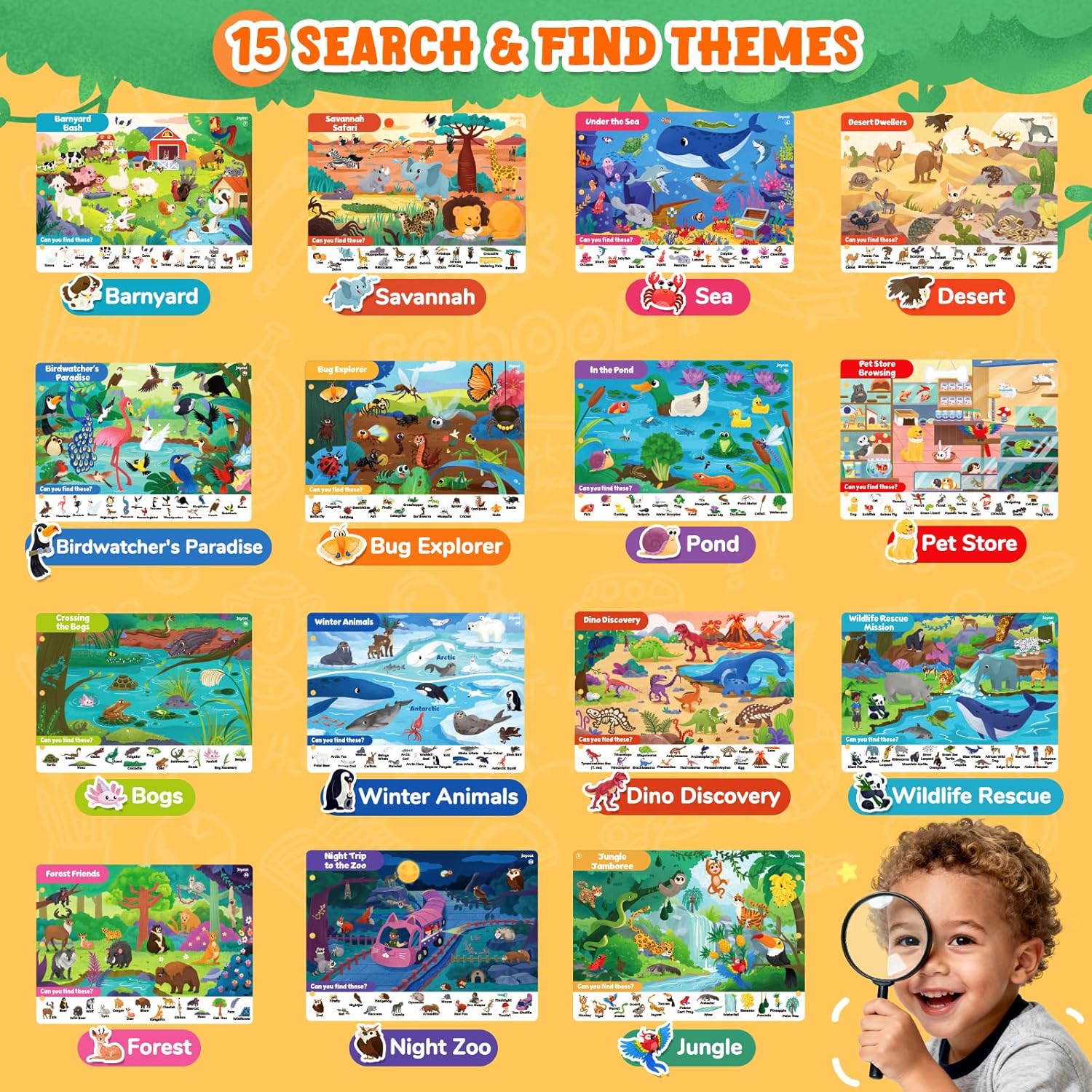 JoyCat Search & Find Activity Book – Reusable Animal Learning Game