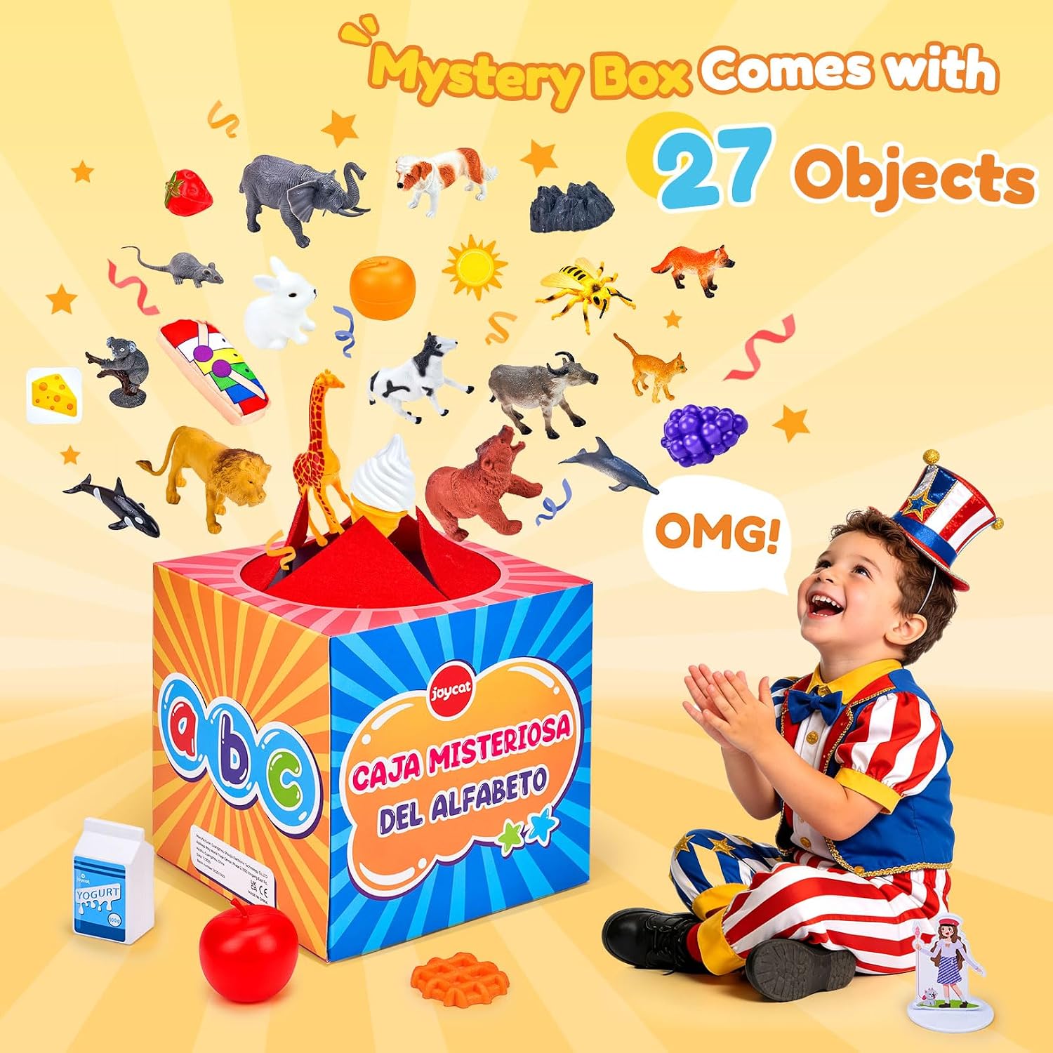 Alphabet Mystery Box for Kids – 26 Miniature Object Learning Toys with Double-Sided Letter Board