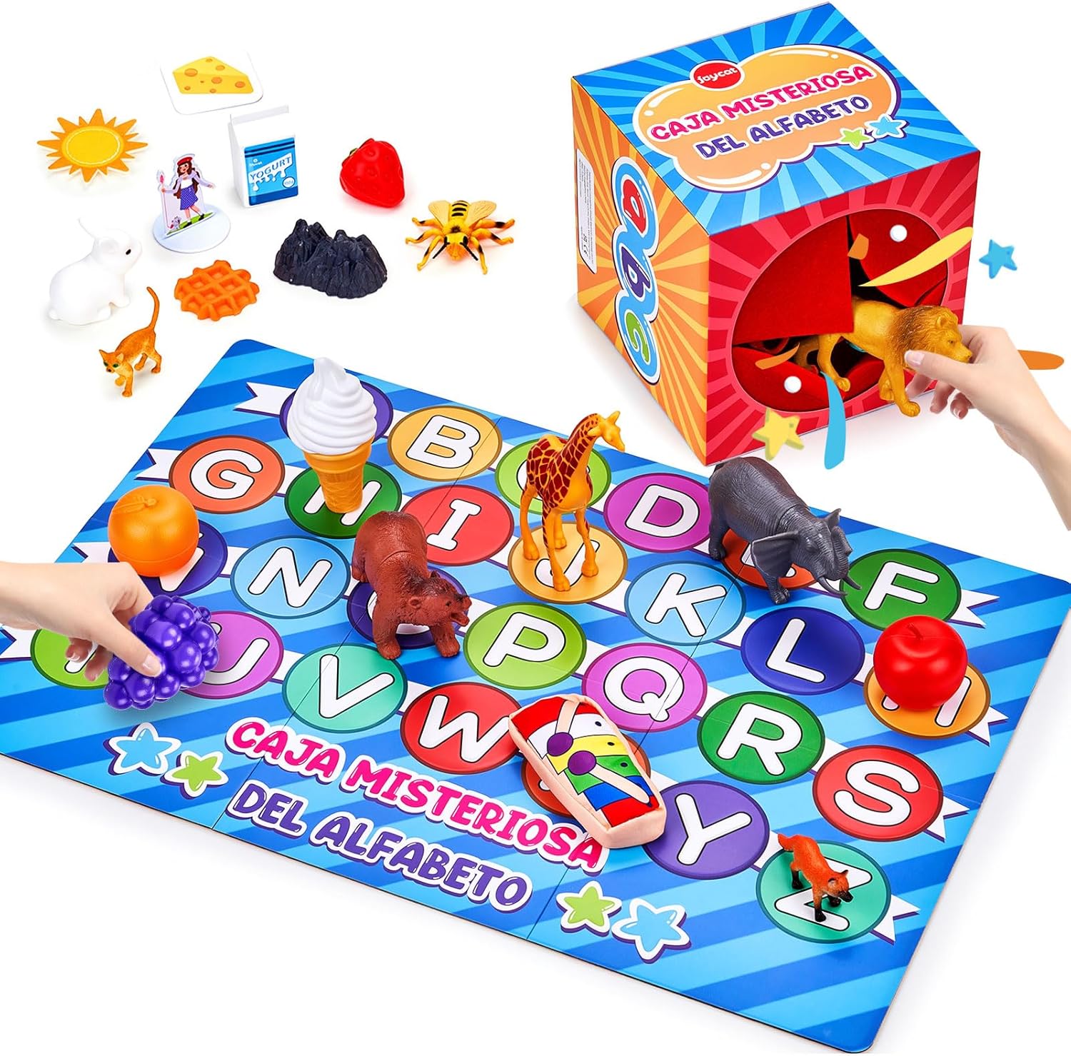Alphabet Mystery Box for Kids – 26 Miniature Object Learning Toys with Double-Sided Letter Board
