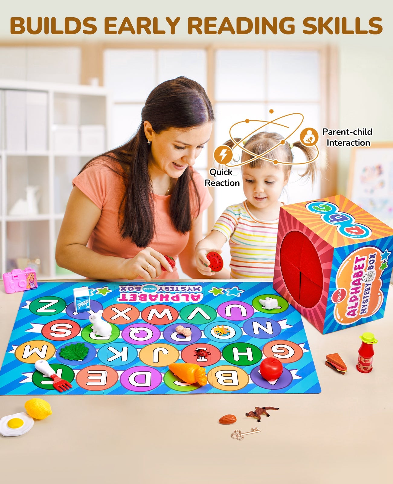 Alphabet Mystery Box for Kids – 26 Miniature Object Learning Toys with Double-Sided Letter Board