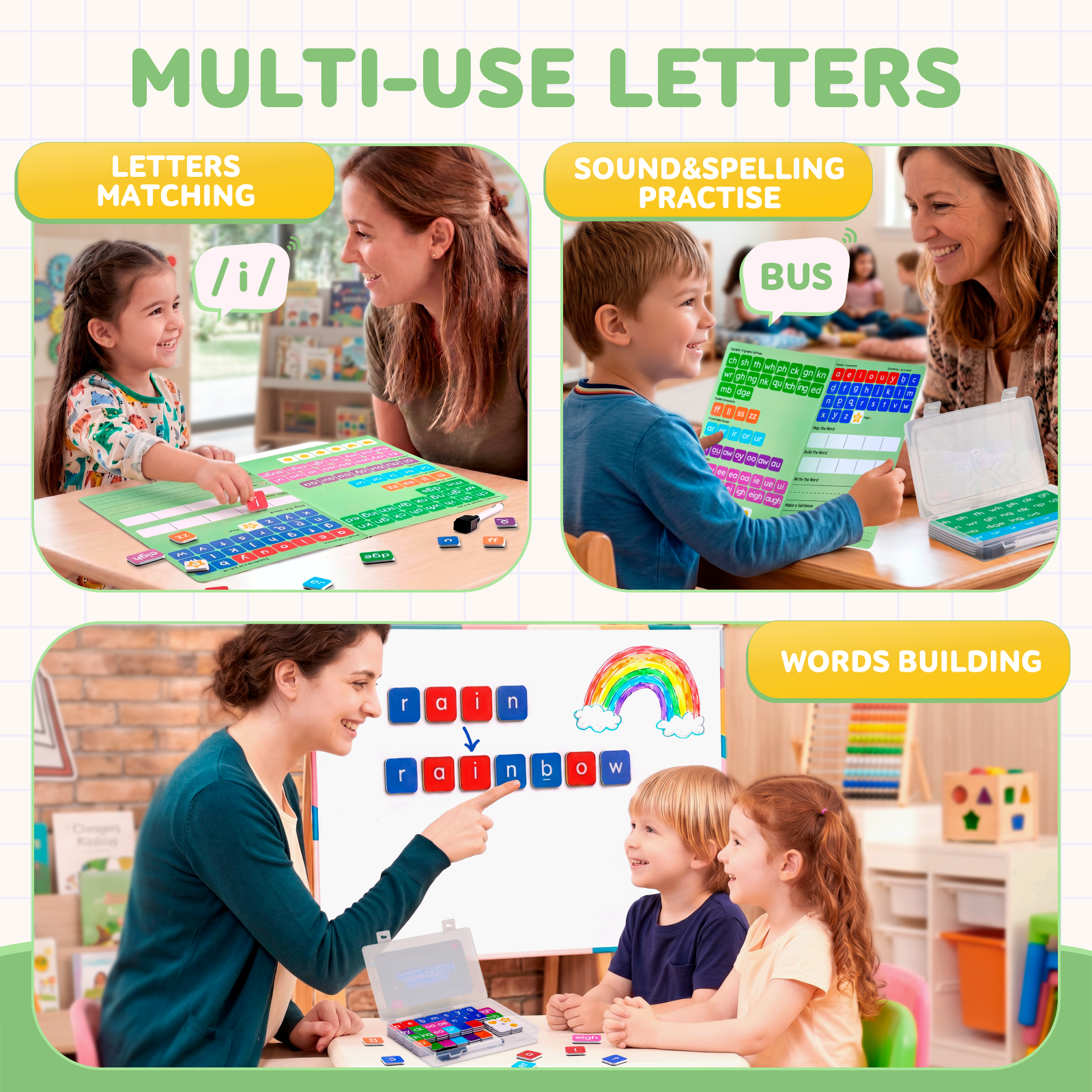 JoyCat 3 Sets Magnetic Letter Tiles for Classroom Phonics Practice