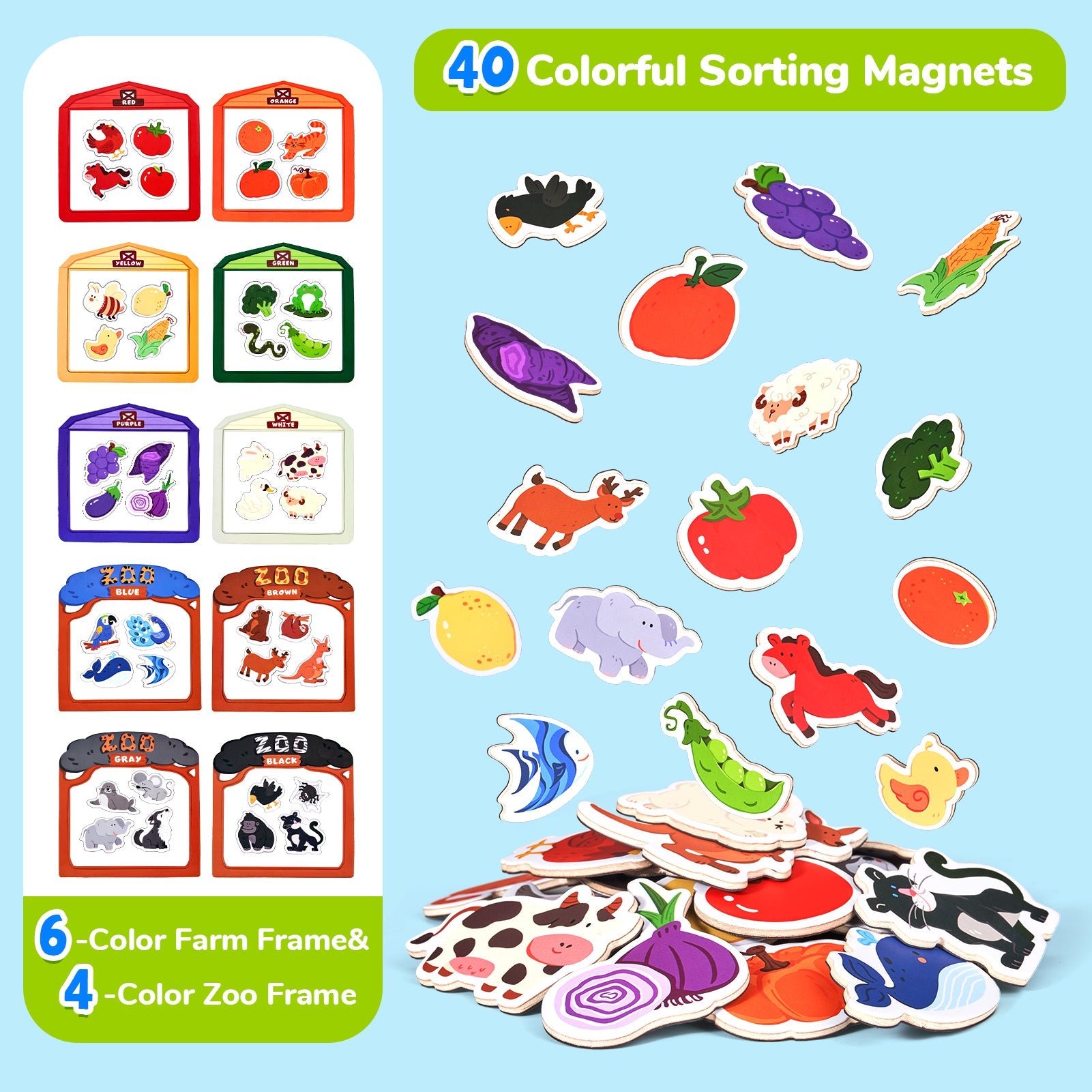 JoyCat Wooden Fridge Magnets for Toddlers, Animal Color Sorting Set, 50 PCS