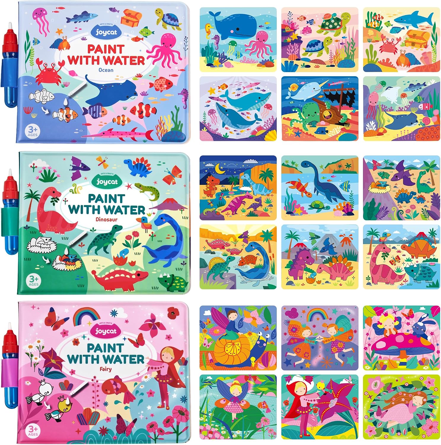 Reusable Water Coloring Books 3 Pack – Fairy, Dinosaur & Ocean