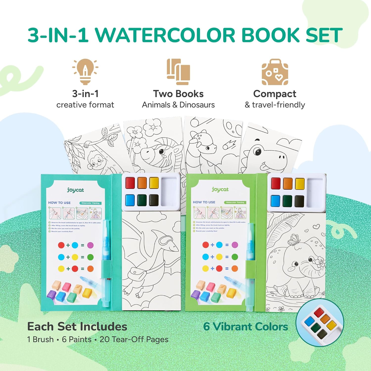 JoyCat 2 Pack Animals & Dinosaurs Paint with Water Coloring Books for Kids Ages 3-8