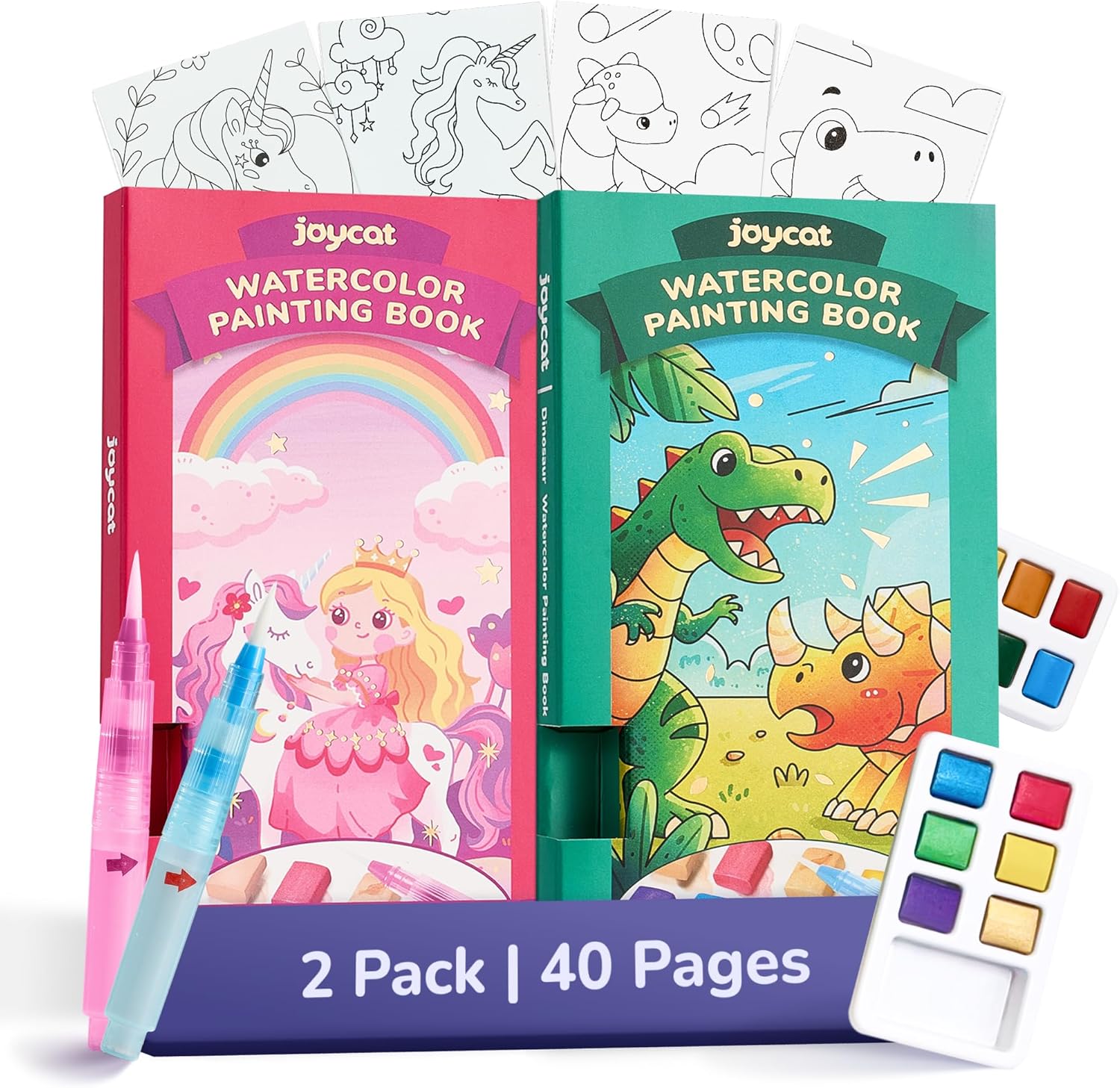 JoyCat 2 Pack Magical Pony & Dinosaurs Paint with Water Coloring Books for Kids Ages 3-8