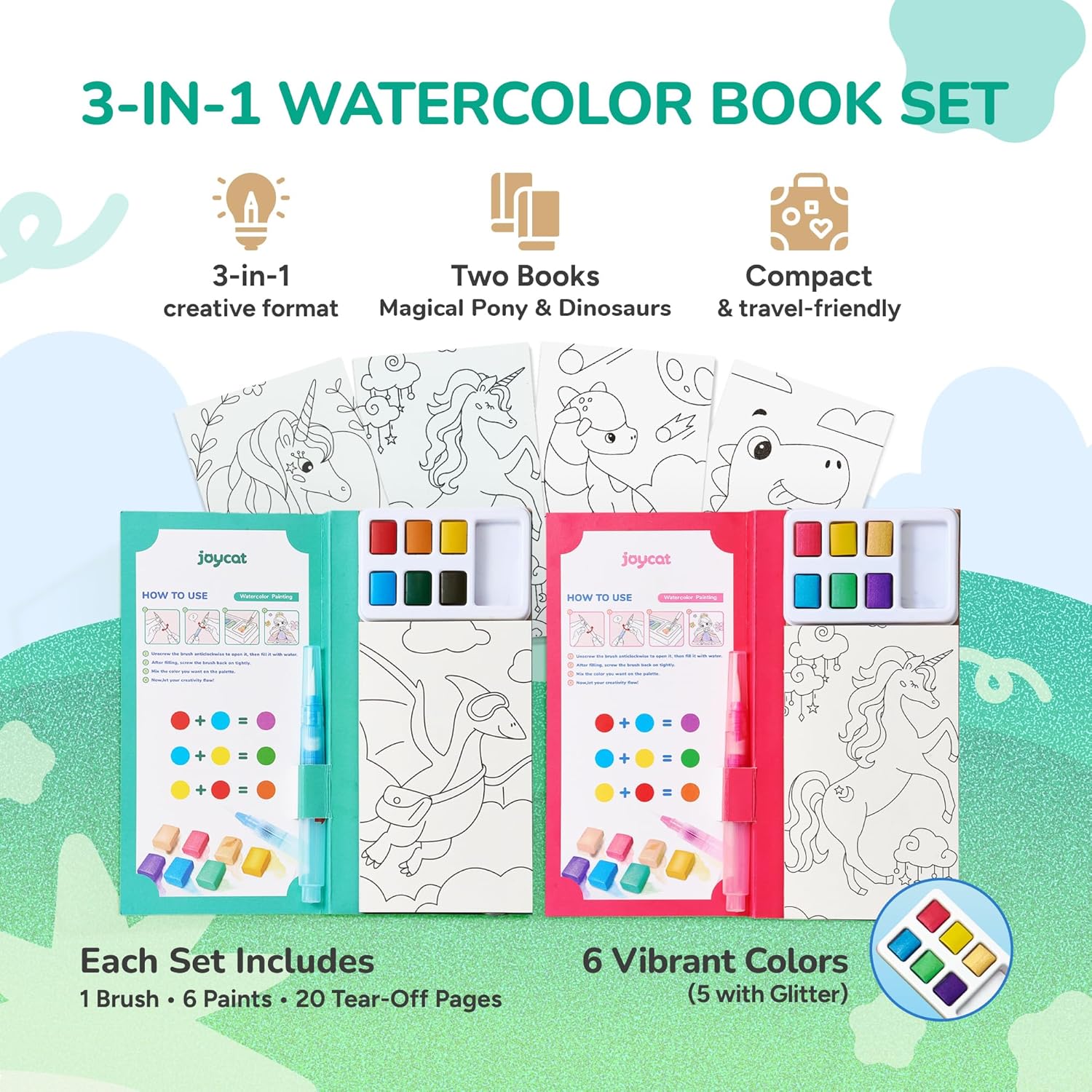 JoyCat 2 Pack Magical Pony & Dinosaurs Paint with Water Coloring Books for Kids Ages 3-8