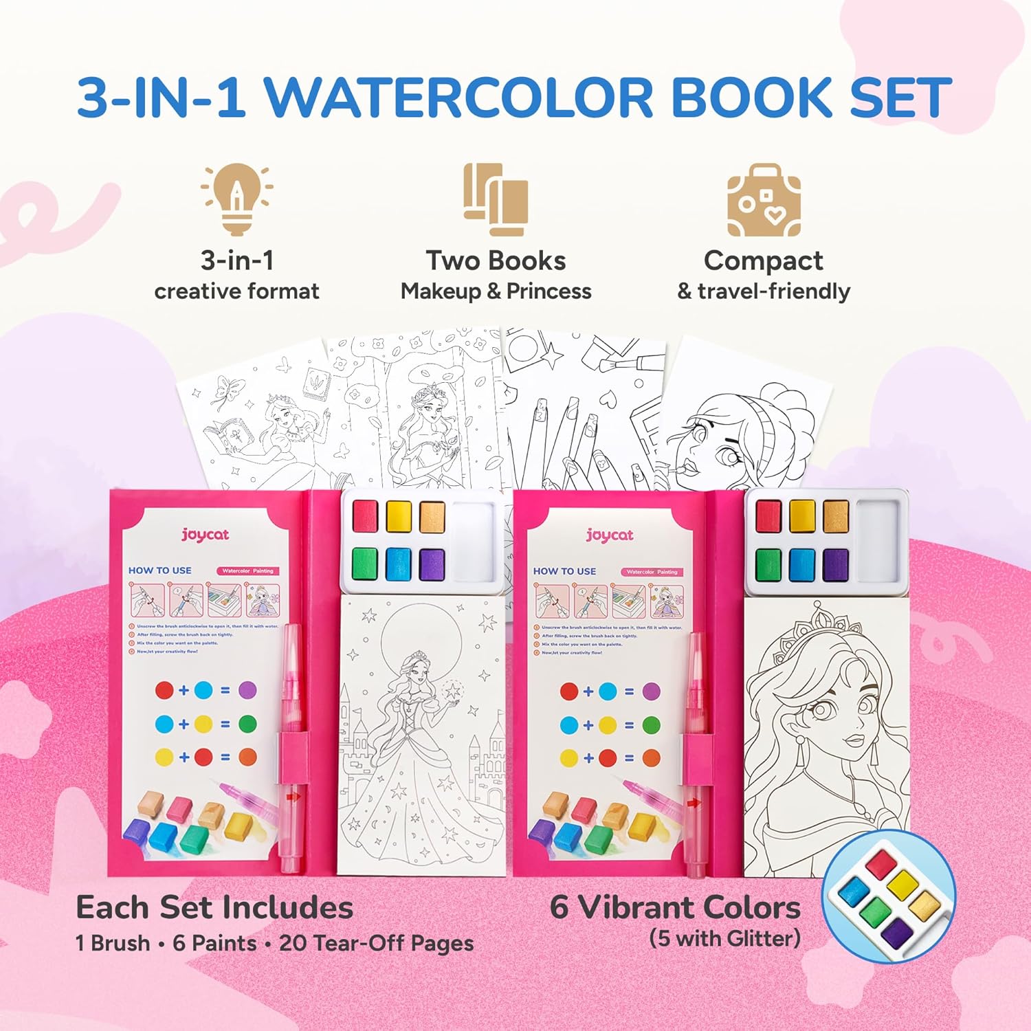 JoyCat 2 Pack Makeup & Princess Paint with Water Coloring Books for Kids Ages 3-8