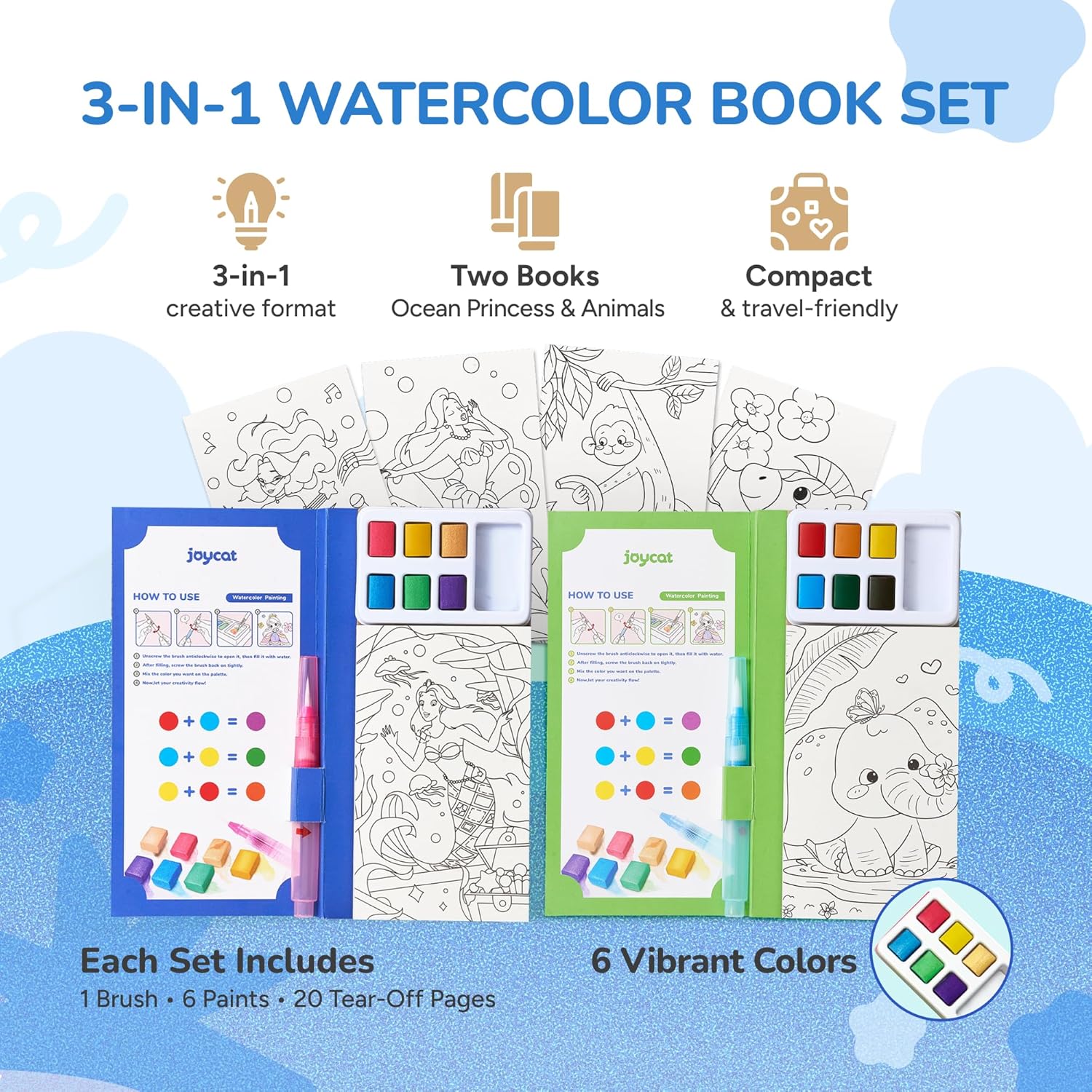 JoyCat 2 Pack Ocean Princess & Animals Paint with Water Coloring Books for Kids Ages 3-8