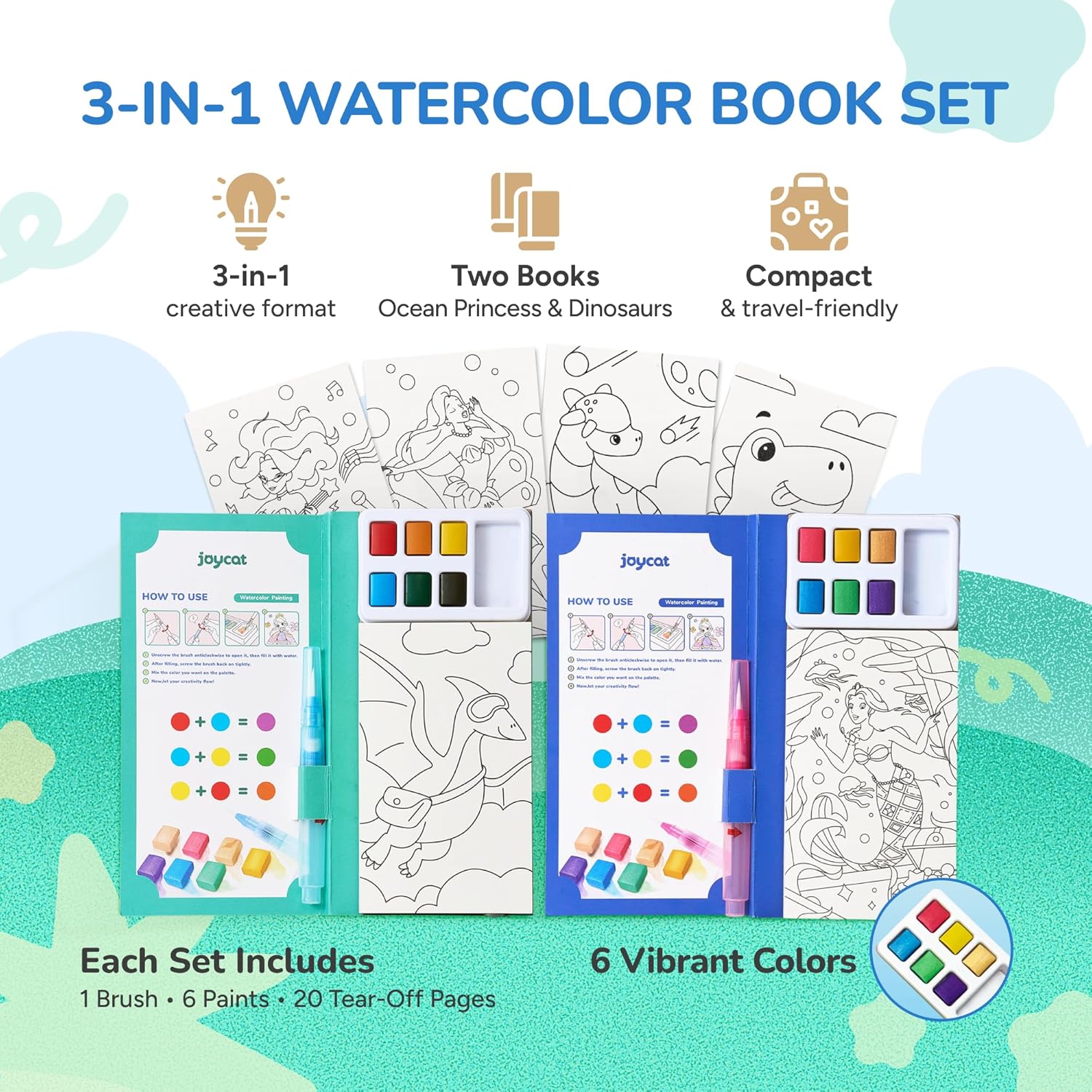 JoyCat 2 Pack Ocean Princess & Dinosaurs Paint with Water Coloring Books for Kids Ages 3-8