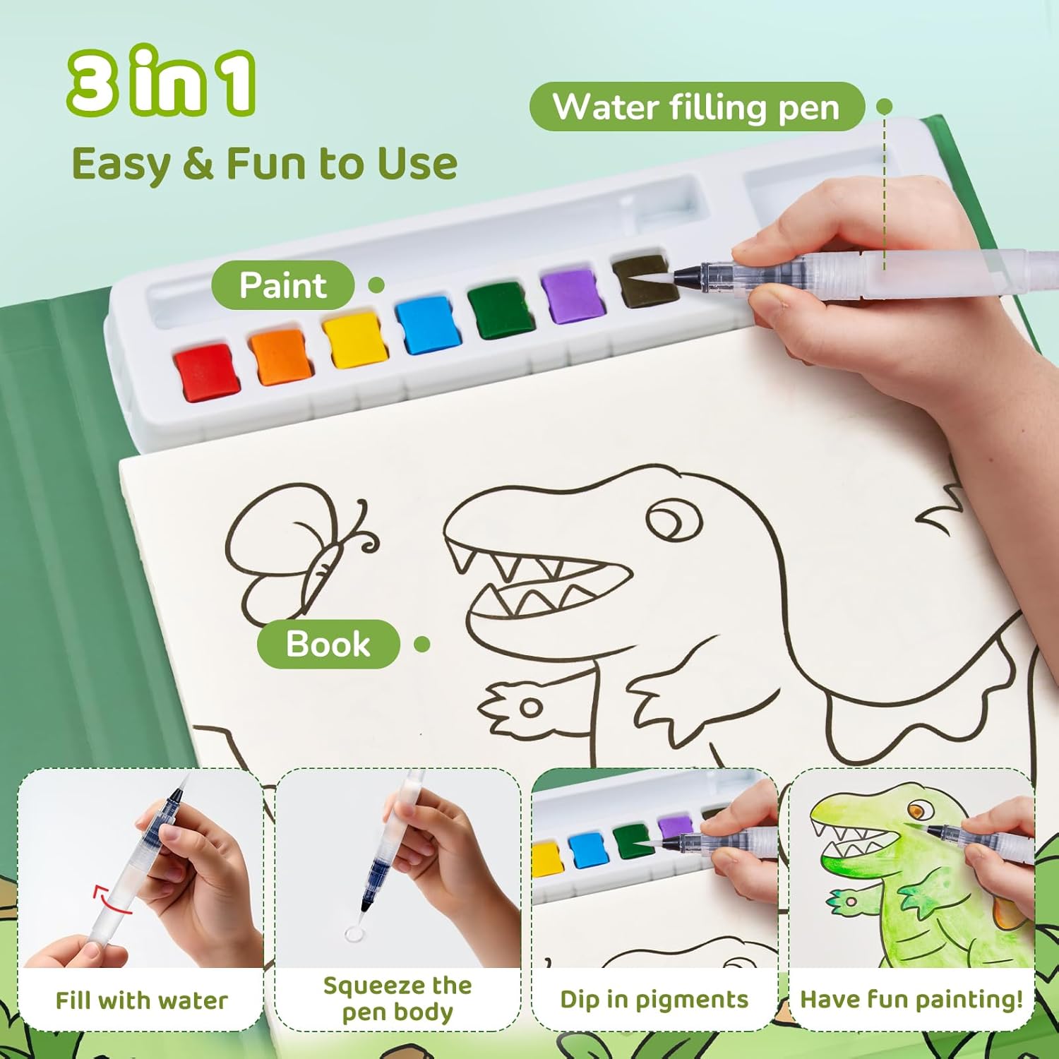 JoyCat Paint with Water Coloring Book for Kids Ages 3-8, Dinosaur & Vehicle, Mess-Free