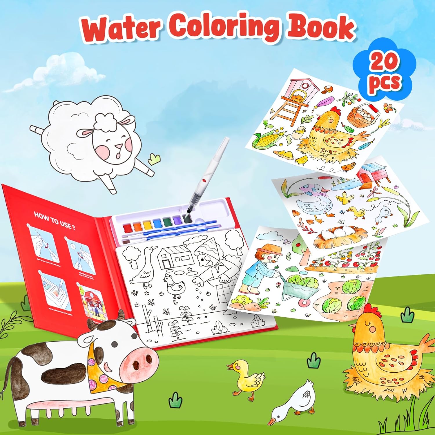 JoyCat Farm Paint with Water Coloring Book for Kids Ages 3-8