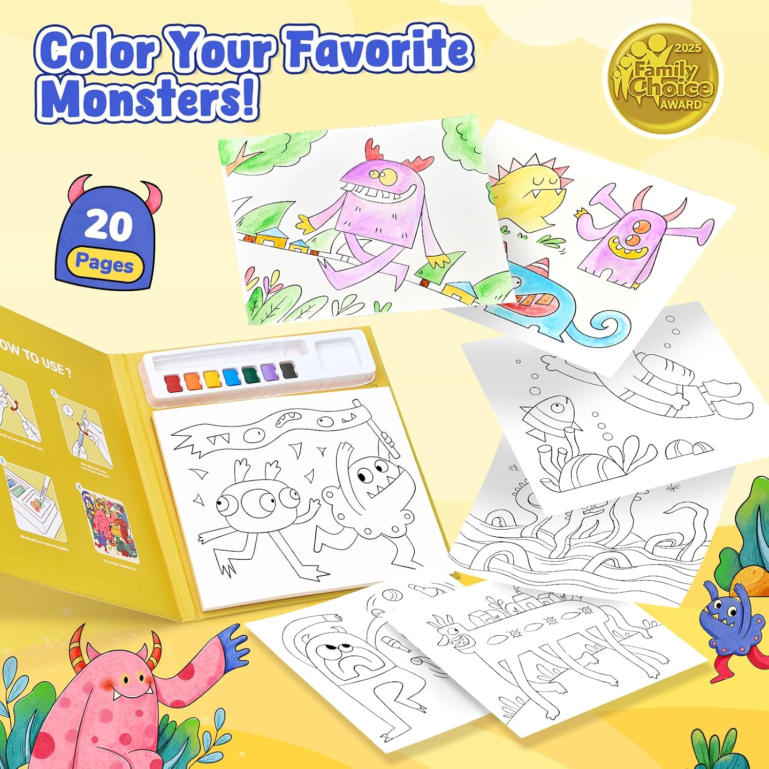JoyCat Monsters Paint with Water Coloring Book for Kids Ages 3-8