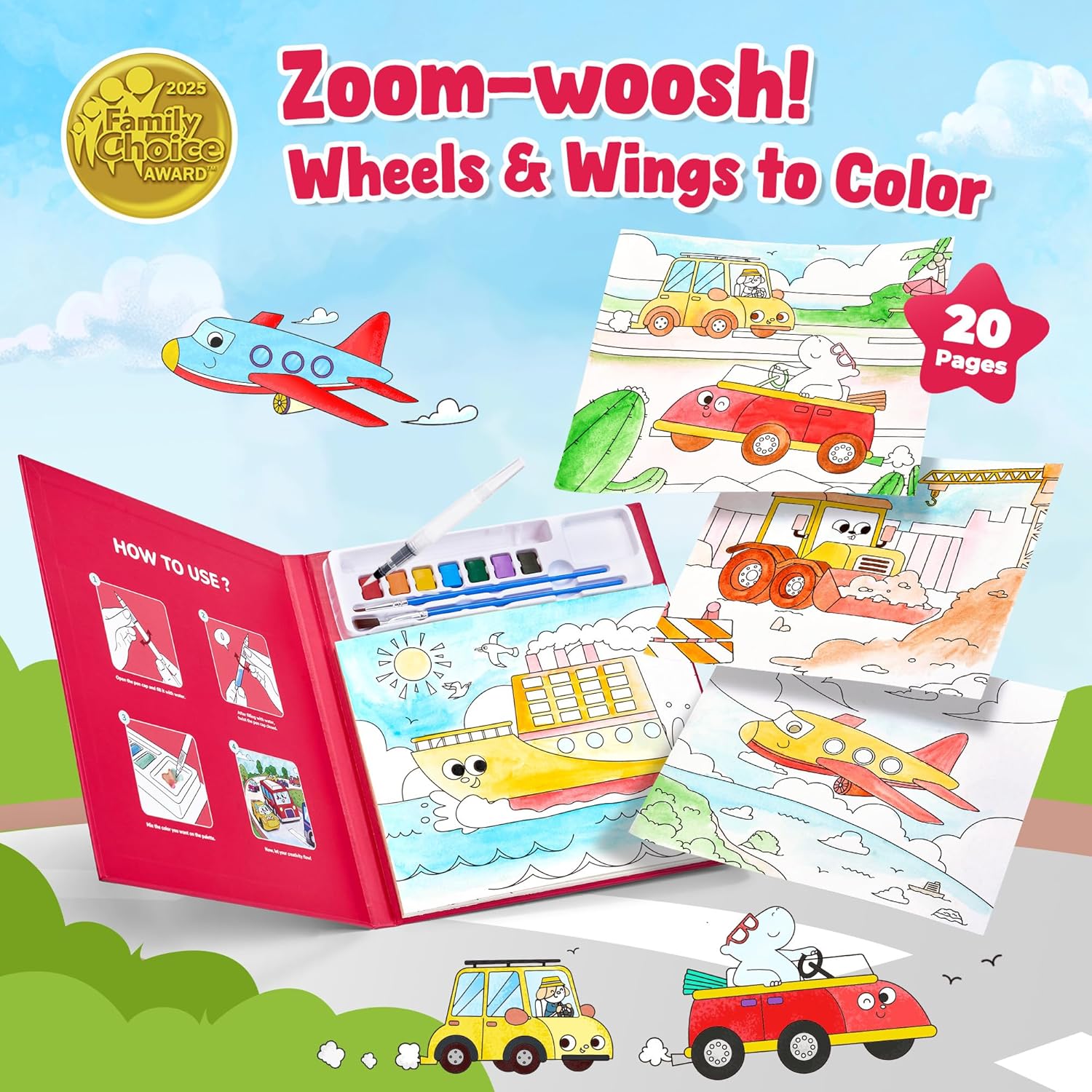 JoyCat Transportation Paint with Water Coloring Book for Kids Ages 3-8