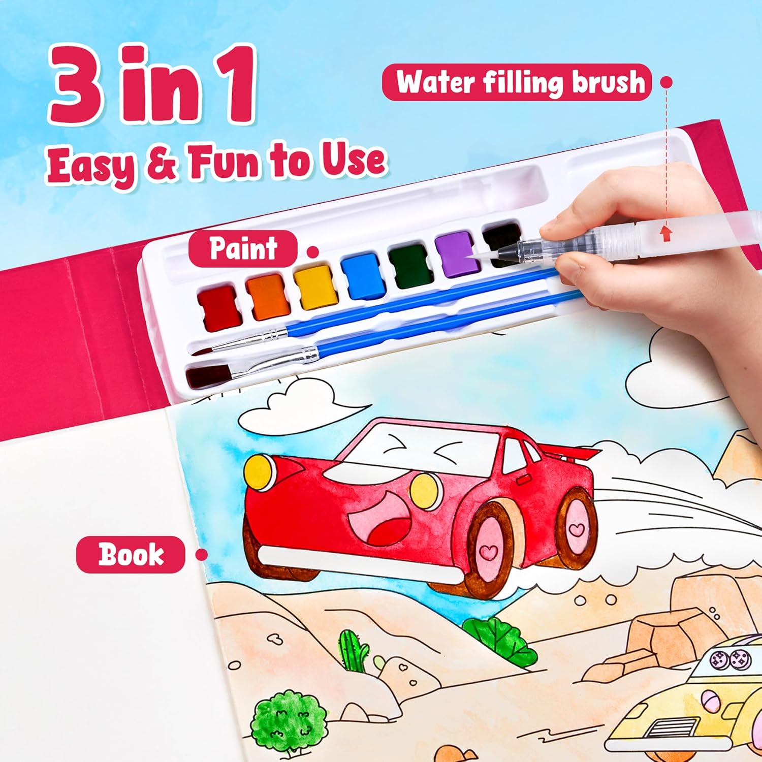 JoyCat Transportation Paint with Water Coloring Book for Kids Ages 3-8