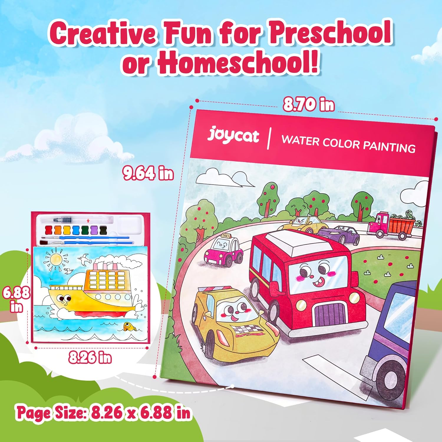 JoyCat Transportation Paint with Water Coloring Book for Kids Ages 3-8