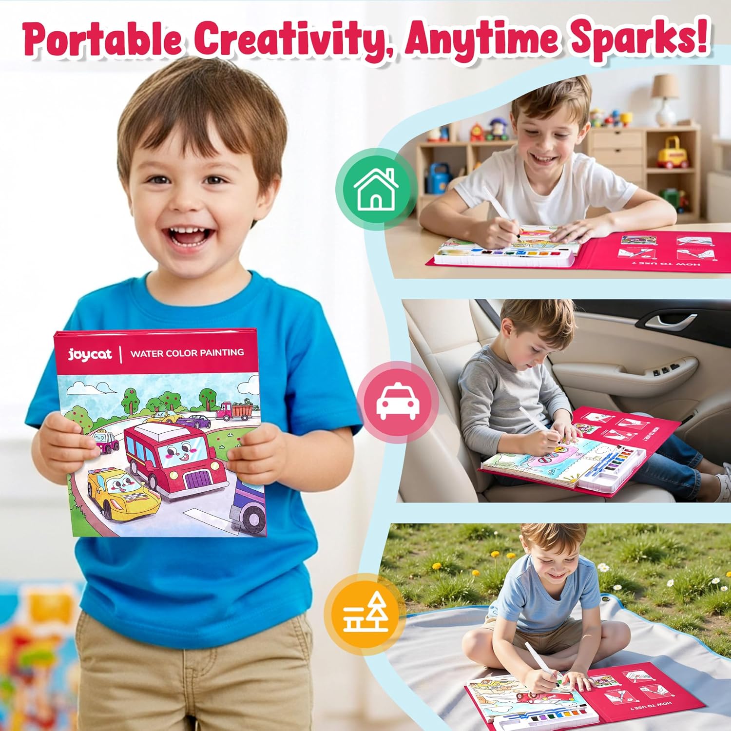 JoyCat Transportation Paint with Water Coloring Book for Kids Ages 3-8