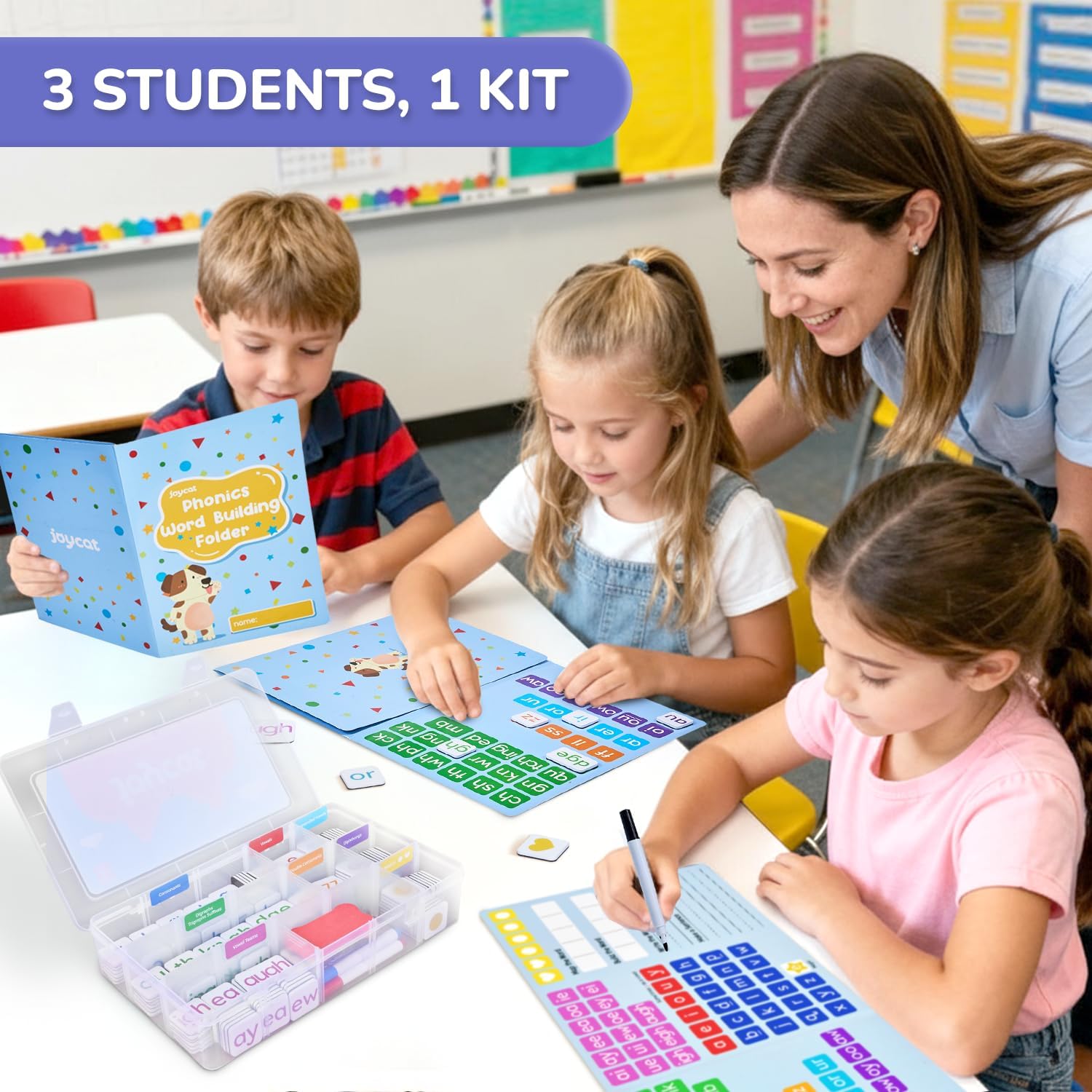 JoyCat 265 Phonics Magnetic Letter Tiles, with 3 Word Building Folder