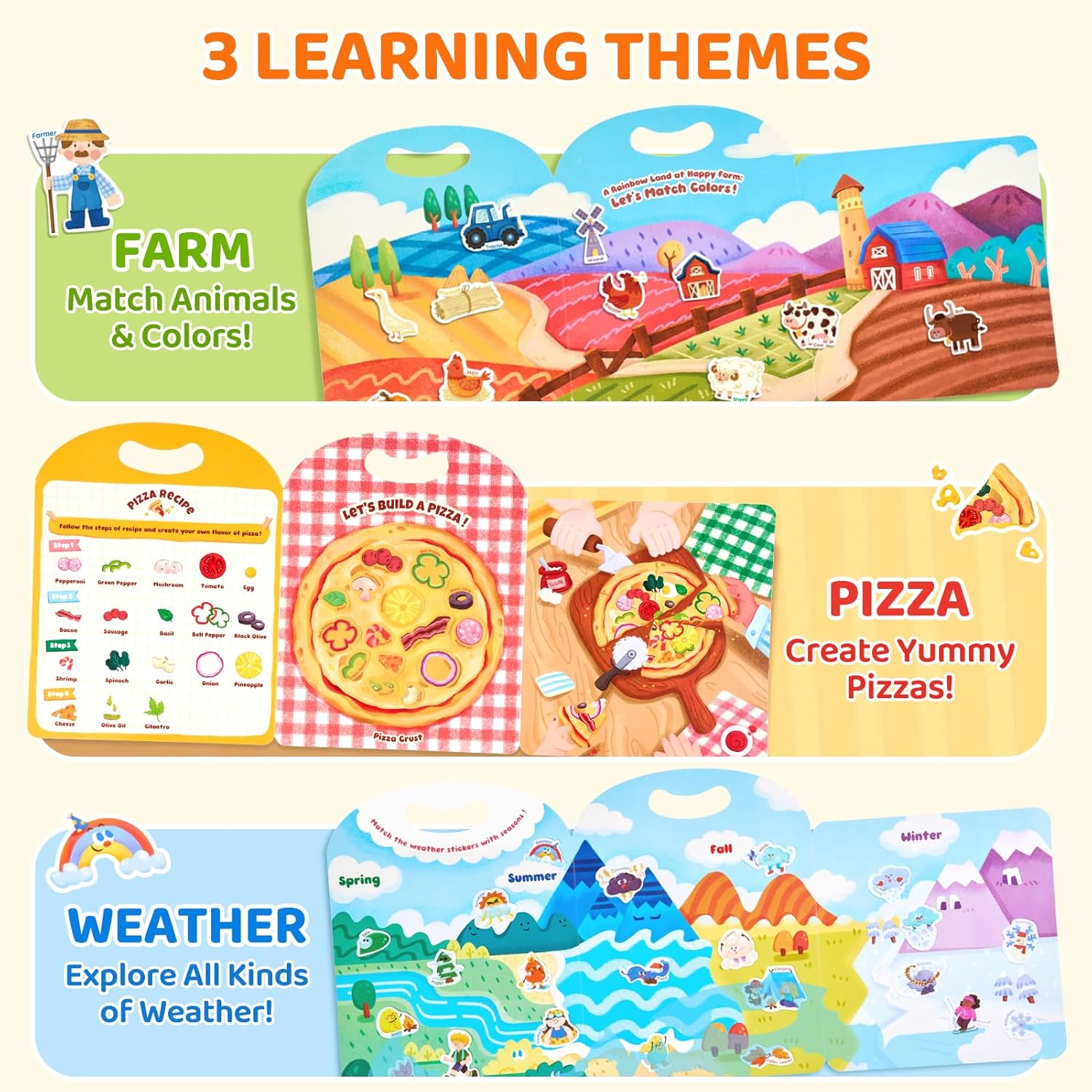 JoyCat Reusable Sticker Book Set, 3-Pack, 90 Stickers, Farm Pizza Weather