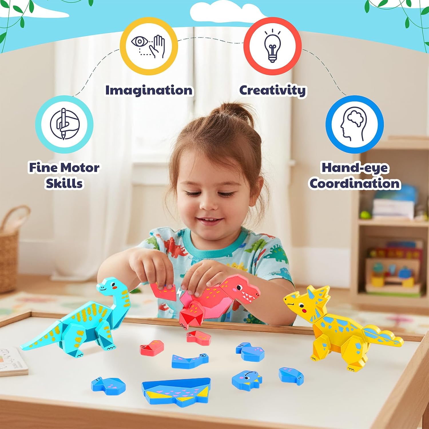 [Pre‑sale-back in stock around mid-September]JoyCat Magnetic Wooden Dinosaur Building Toys