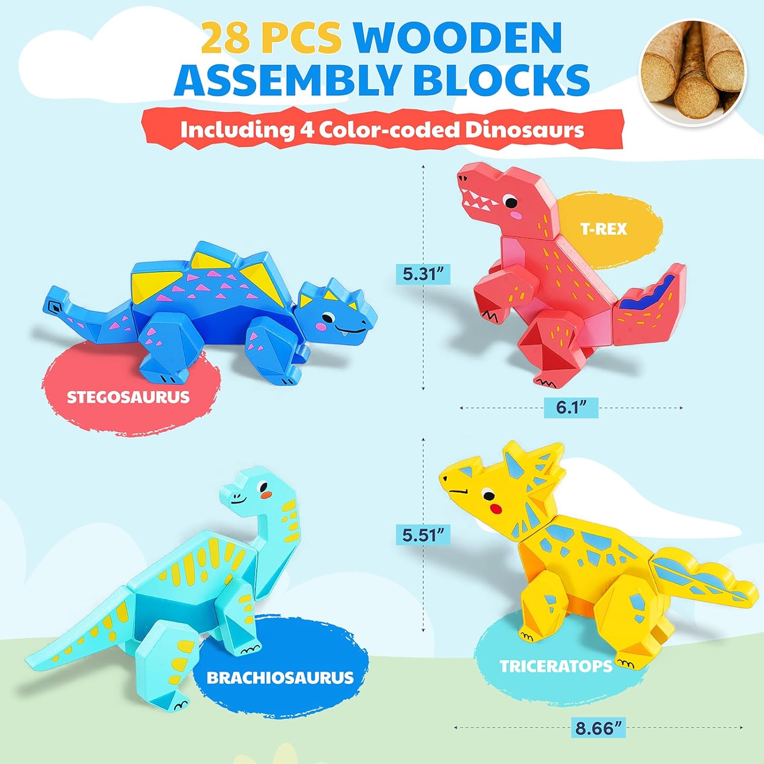 [Pre‑sale-back in stock around mid-September]JoyCat Magnetic Wooden Dinosaur Building Toys