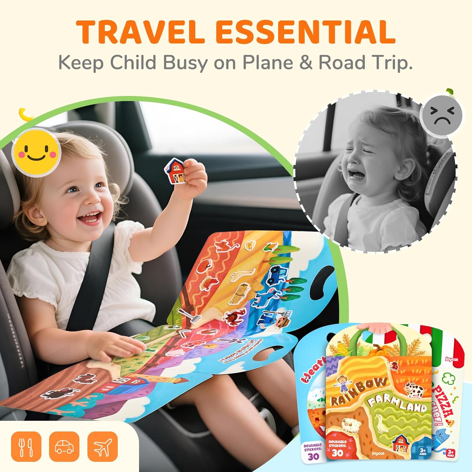 JoyCat Reusable Sticker Book Set, 3-Pack, 90 Stickers, Farm Pizza Weather