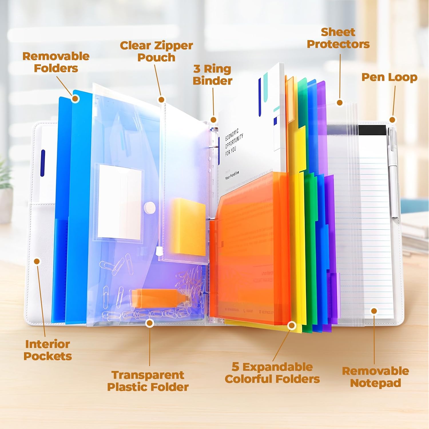 3 Ring Binder Portfolio Clipboard with Storage – PU Leather Organizer with Magnetic Board & 5 Dividers