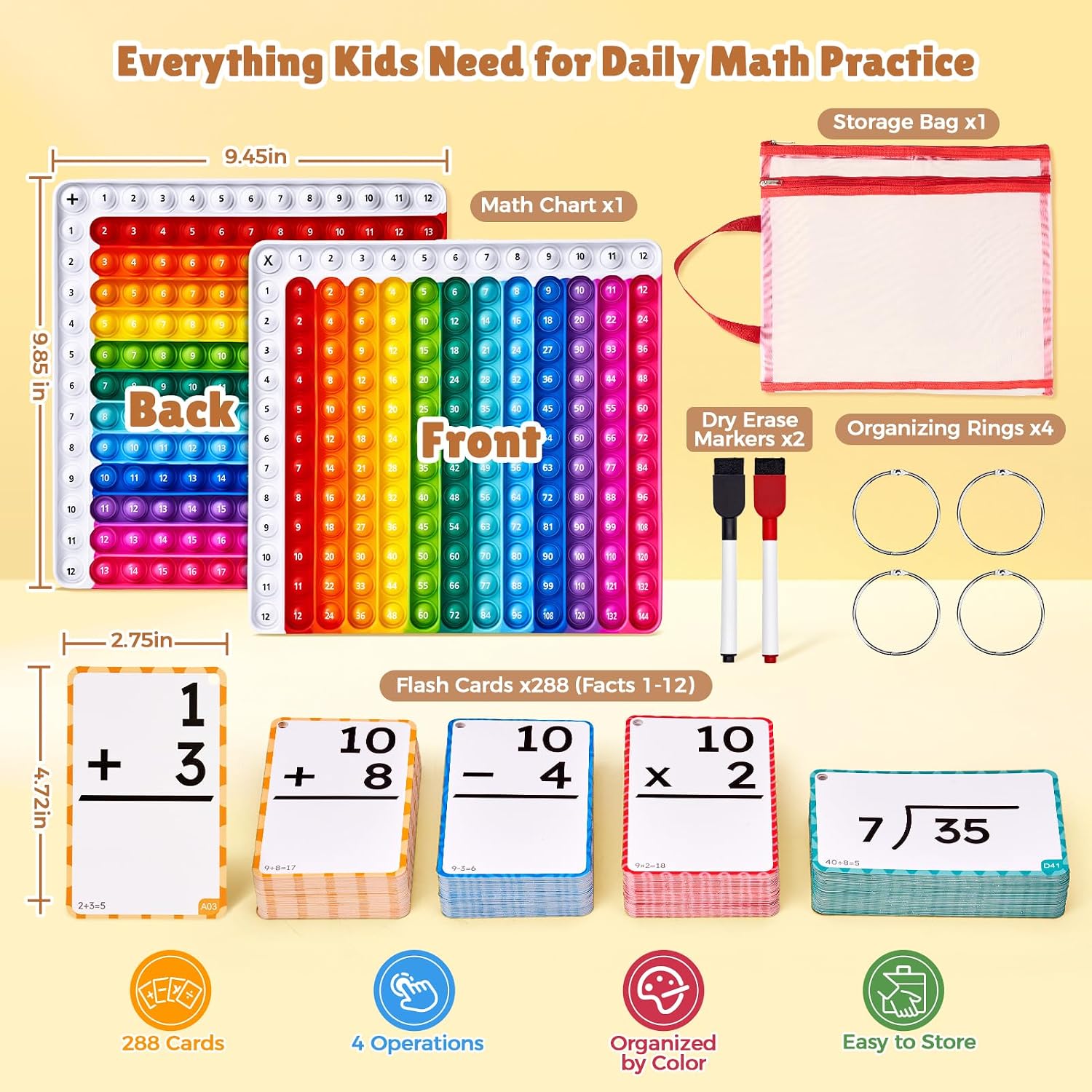 JoyCat 288 Math Flash Cards & Double-Sided Board, 4 Operations