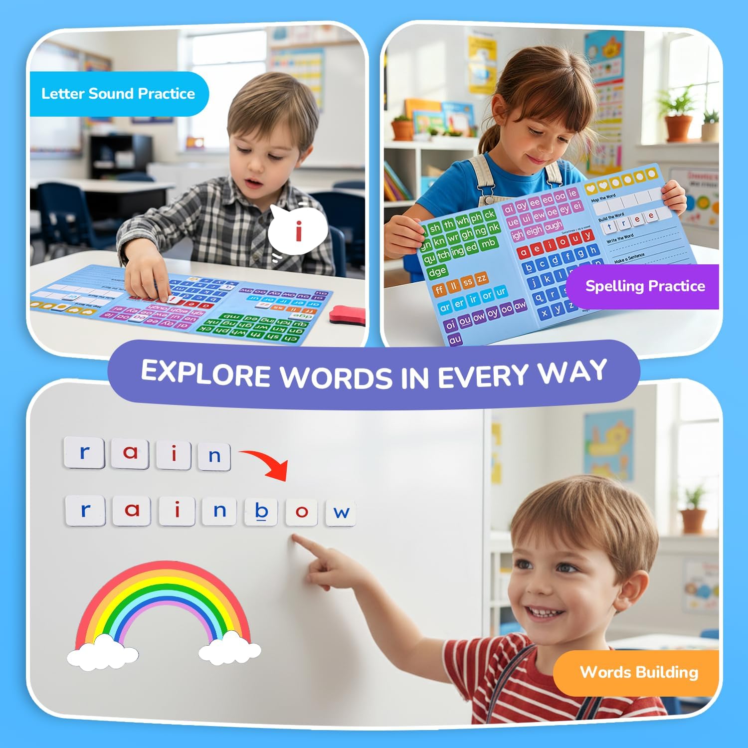 JoyCat 265 Phonics Magnetic Letter Tiles, with 3 Word Building Folder